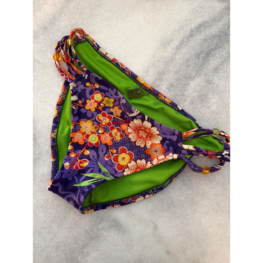 Becca Floral Bikini Bottoms Beaded Straps Purple Swimwear‎ Small